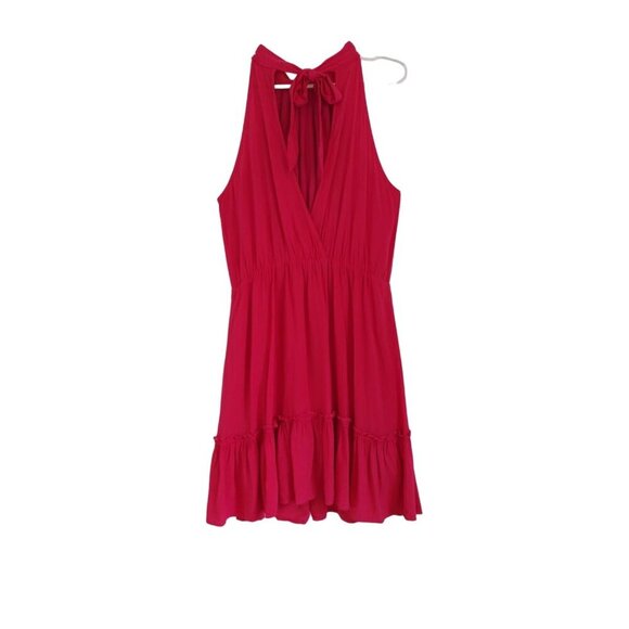 Pink sleeveless halterneck dress with ruffle hem and bow at back, viscose. - Picture 4 of 7